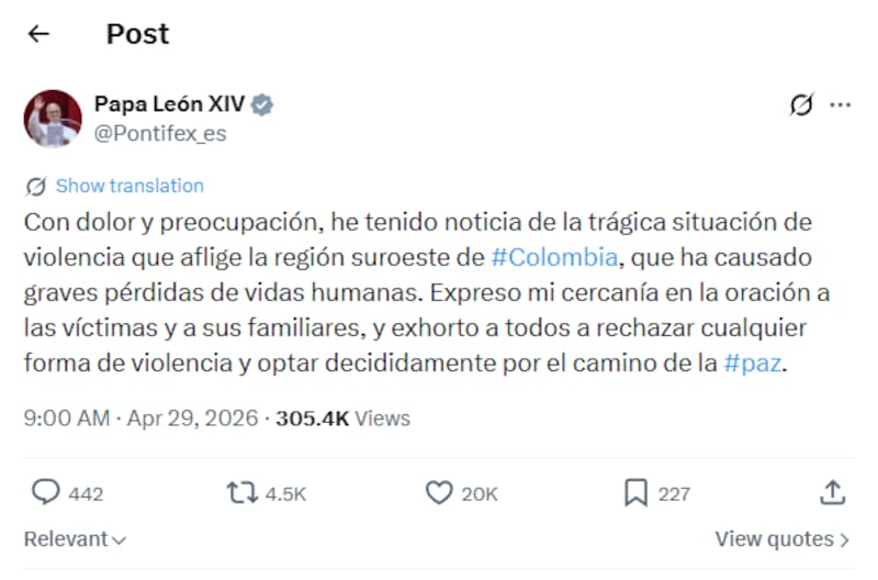 El Papa León XIV se pronuncia contra la ola de ataques en el Cauca.