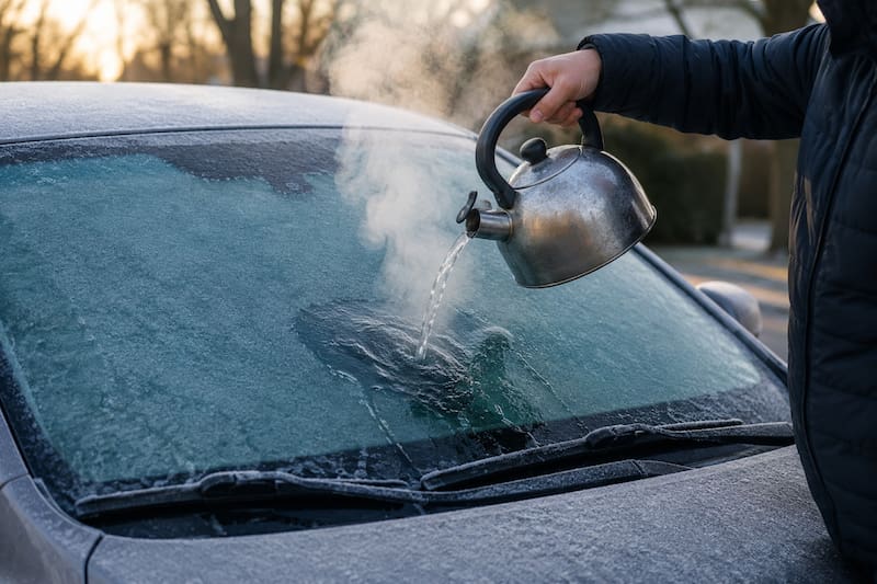 Aunque el agua caliente parece la solución más rápida, el cambio brusco de temperatura puede provocar que el parabrisas se agriete o incluso se rompa. (Imagen ilustrativa creada con IA)