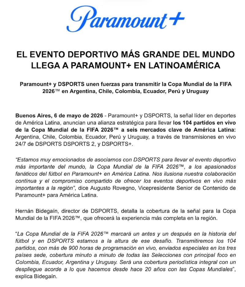 Paramount transmitirá los 104 partidos de la Copa Mundial de FIFA 2026.