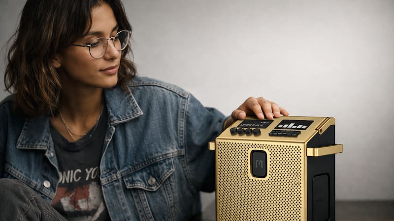 El Mondo Speaker Medium en su versión dorada (brass), con construcción metálica de 3,72 kg y 60W de potencia. El diseño rinde homenaje a los boomboxes de los años 80 con tecnología Bluetooth 5.3 y AuraCast.
