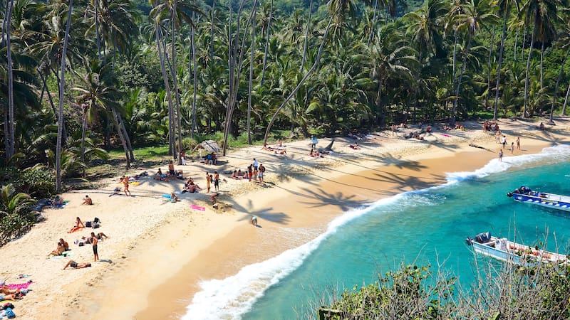 Ubicada en el Parque Nacional Natural Tayrona, esta playa del Caribe colombiano se destaca por sus aguas transparentes, arenas blancas y arrecifes de coral.