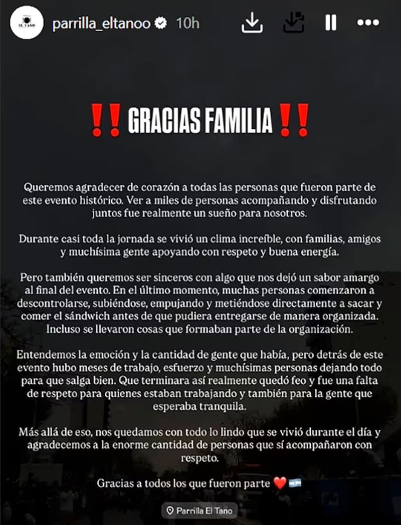 El comunicado oficial de la parrilla encargada del evento (Fuente: Redes Sociales).