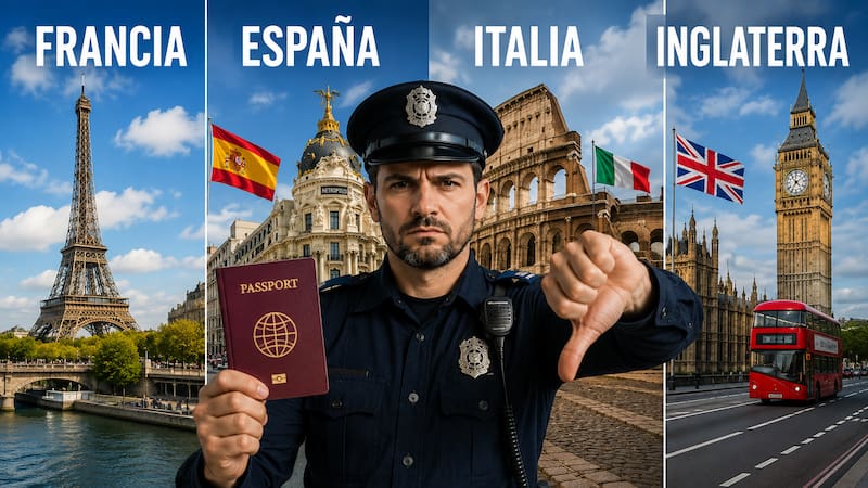 Oficial | Francia, España, Italia e Inglaterra revisarán pasaporte por pasaporte y no dejarán entrar al país a quienes no lo hayan renovado. (Representación creada con IA)