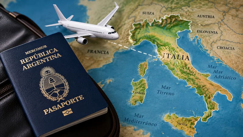 Pasaporte argentino y un avión rumbo a Italia en un mapa.