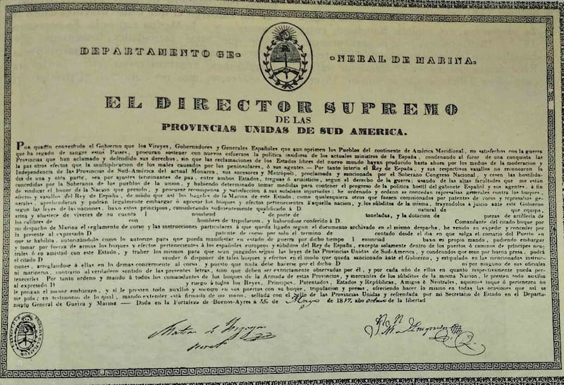 Modelo de patente de corso que otorgaba el director supremo Juan Martín de Pueyrredón.