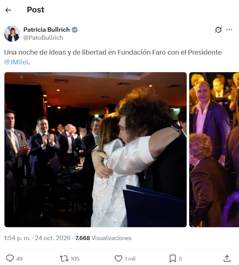 Patricia Bullrich compartió una imagen abrazada a Milei.