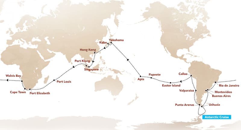 El recorrido cruza Asia, el océano Índico, África, Sudamérica, el Pacífico y la Antártida.