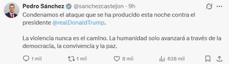 Sánchez condena el ataque a Trump: "La violencia nunca es el camino".