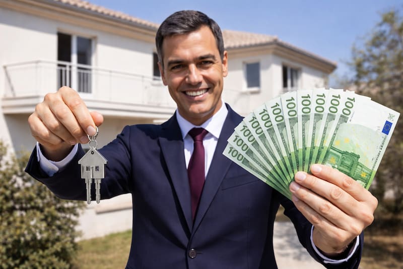 Pedro Sánchez entrega euros y las llaves de una vivienda en una imagen ilustrativa creada con inteligencia artificial sobre las subvenciones públicas destinadas a facilitar el acceso a la compra de casa en España.