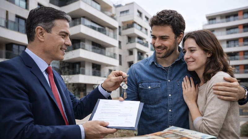 Pedro Sánchez entrega unas llaves a una pareja joven en una imagen ilustrativa creada con inteligencia artificial sobre las ayudas públicas para facilitar la compra de vivienda a trabajadores en España.