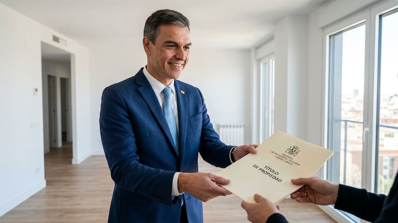 Pedro Sánchez impulsa la nueva línea de ayudas directas para que los trabajadores puedan cubrir la entrada de su primera vivienda. (Imagen generada por Inteligencia Artificial).
