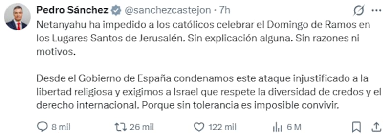 Pedro Sánchez denuncia a Israel por impedir la misa en el Santo Sepulcro: “Es ataque injustificado a la libertad religiosa”.