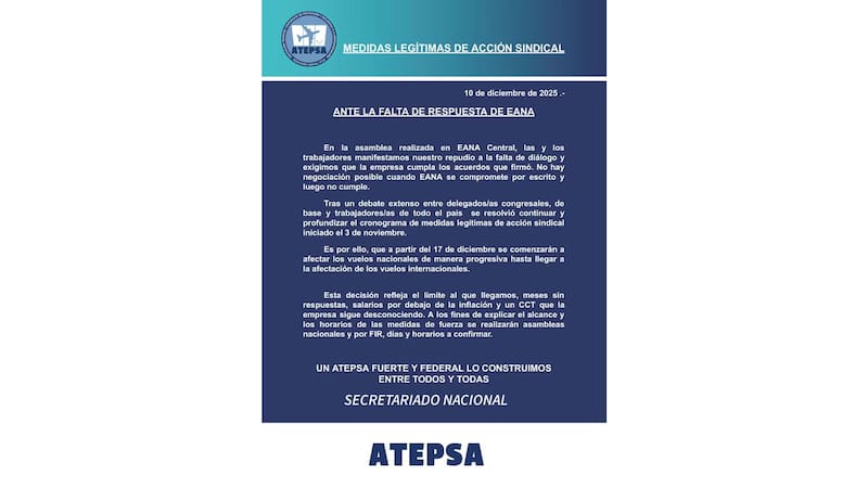 Peligran los vuelos en Navidad y Año Nuevo: alertan por un paro que afectaría a miles de pasajeros. Foto: ATEPSA