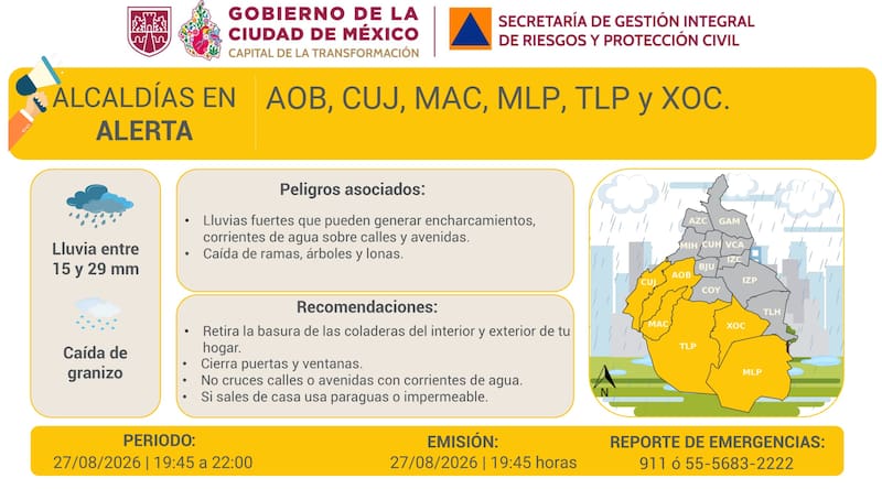 Alacaldías en alerta: AOB, CUJ, MAC, MLP, TLP y XOC.