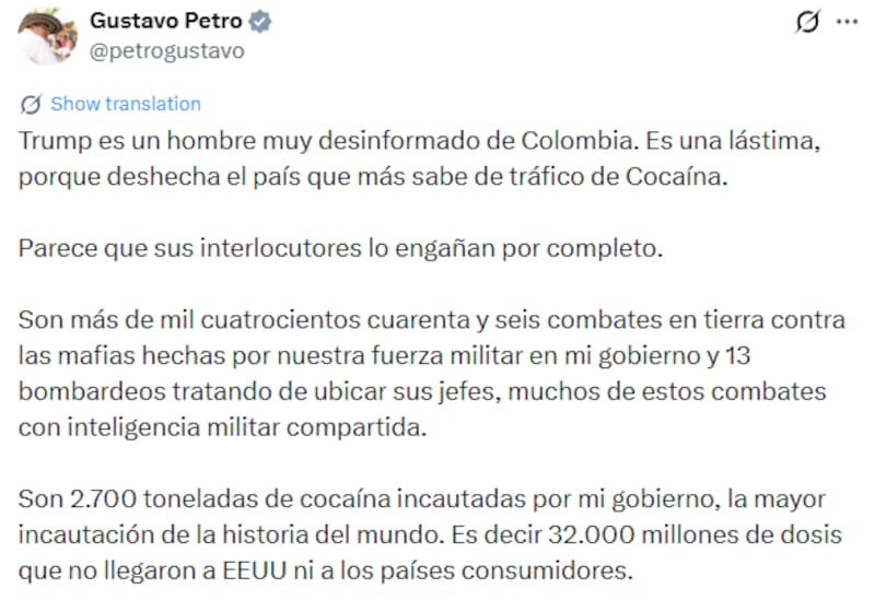 La respuesta de Gustavo Petro ante la amenaza de Trump de que Colombia será el "siguiente" en su ofensiva contra el narcotráfico.