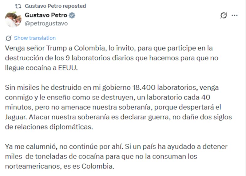 Gustavo Petro responde a las amenazas de Donald Trump.