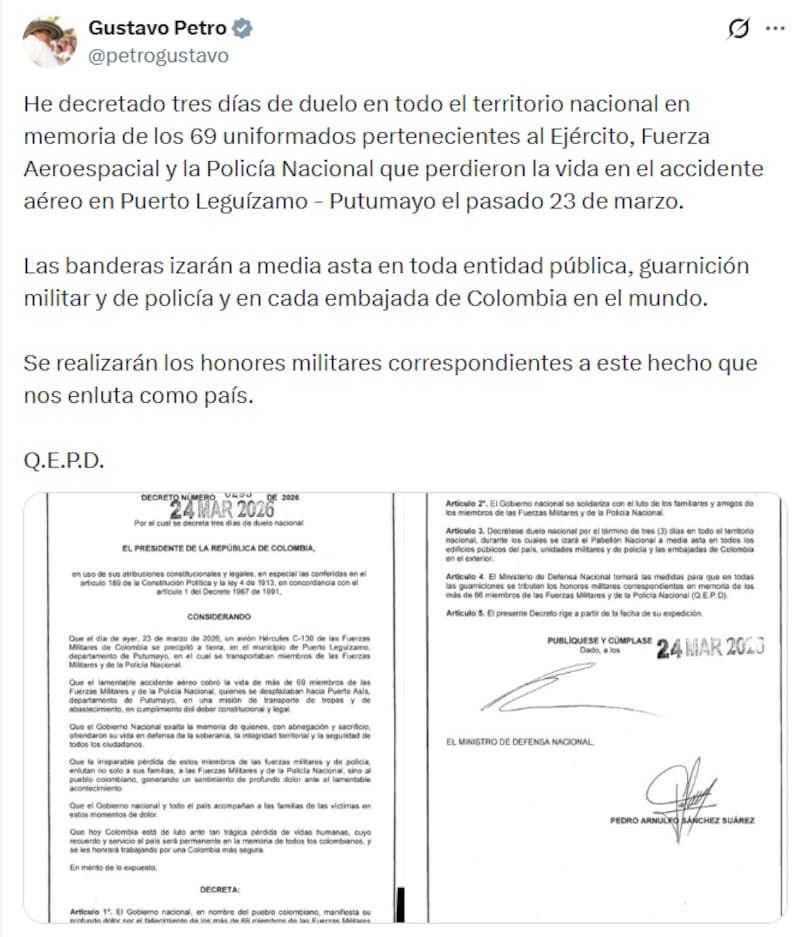 Presidente Petro decreta tres días de duelo nacional tras la tragedia del avión Hércules en Putumayo.