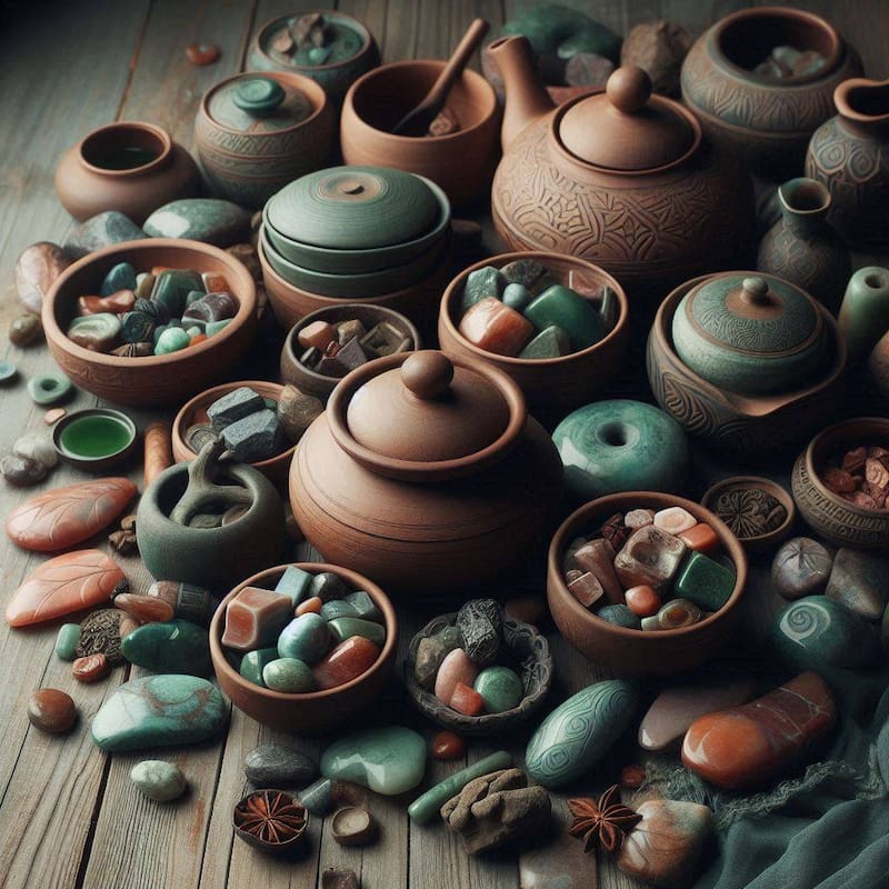 Piezas de alfarería, jade y piedra. Fuente: Bing AI.