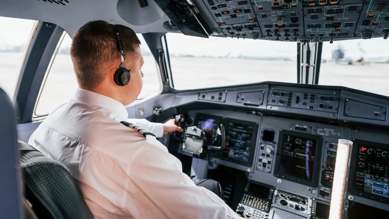 Pilot on the work in the passenger airplane. Preparing for takeoff.