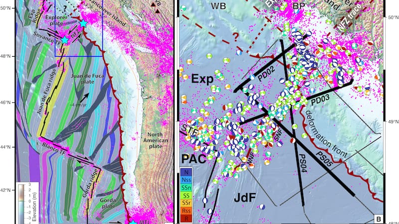 Mapa de la zona de subducción de Cascadia, frente a la costa oeste de Canadá, donde los investigadores estudiaron la fragmentación de las placas Juan de Fuca y Explorer.