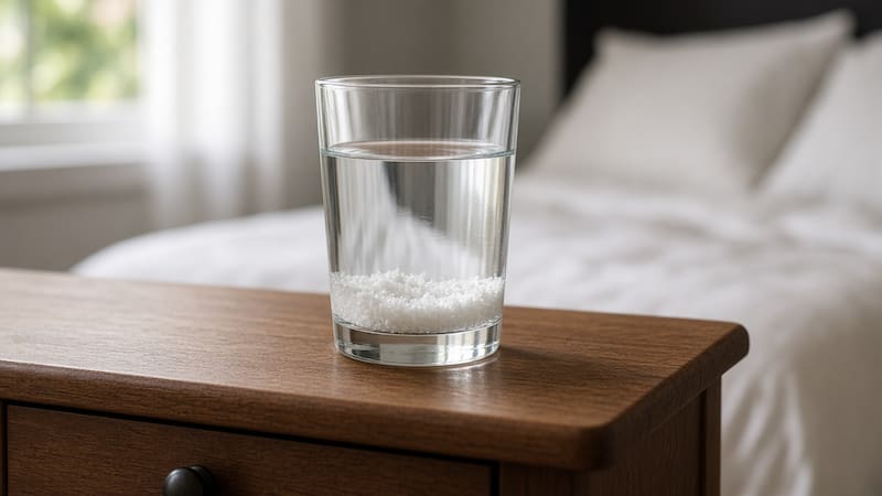 Vaso de agua y sal en el dormitorio.