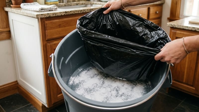 Poner bicarbonato debajo de la bolsa de basura.