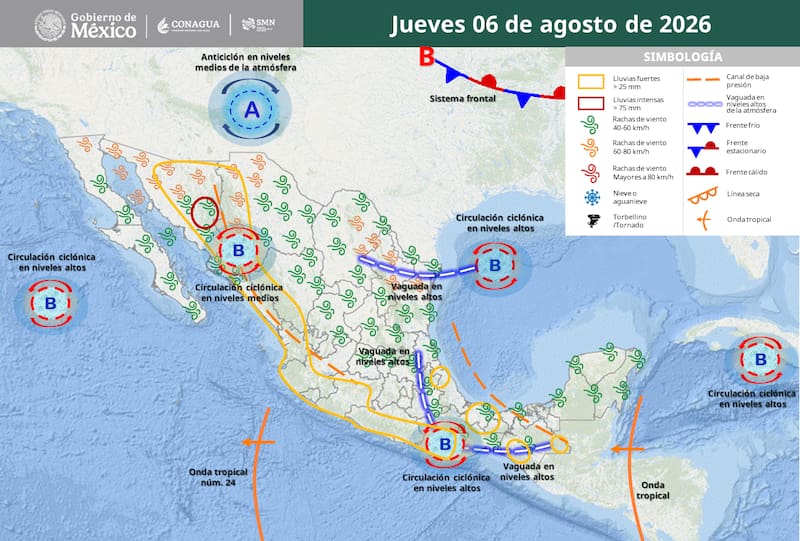 El SMN prevé lluvias intensas, posibles inundaciones y deslaves en varios estados, mientras el calor extremo continuará en el norte del país.
