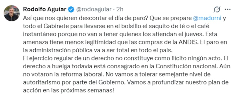 Aguiar le respondió al Gobierno desde su cuenta en X.