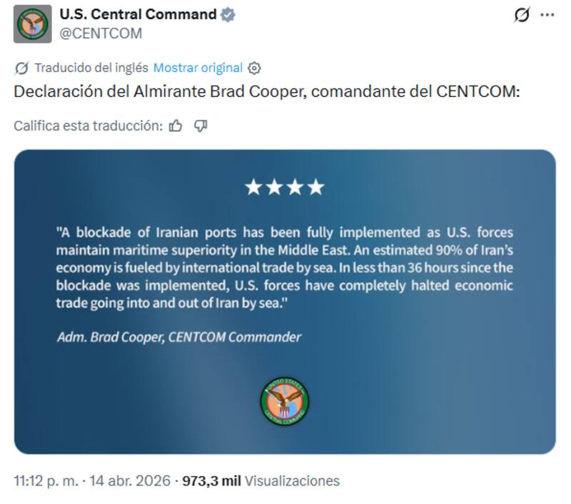 El almirante Brad Cooper, comandante del CENTCOM, confirmó que la operación alcanzó resultados inmediatos.