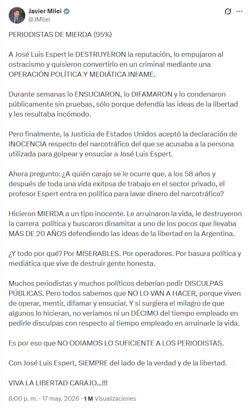 La publicación de Milei en redes sociales.