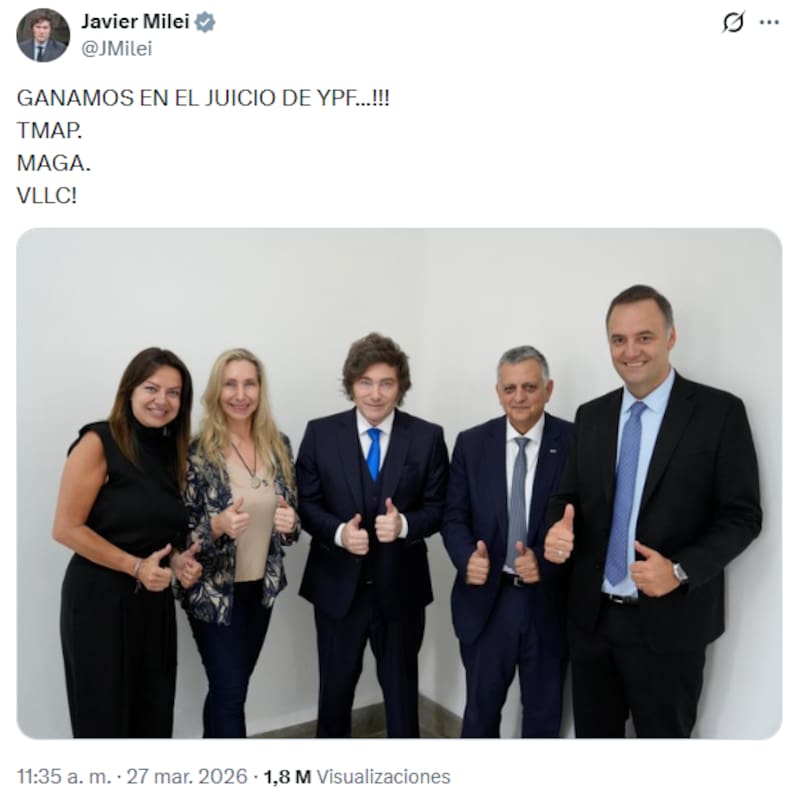 “Ganamos el juicio de YPF”, escribió Milei en sus redes sociales.