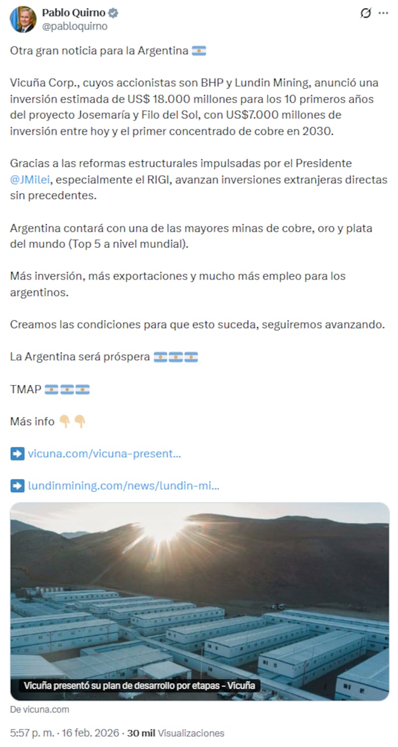 Pablo Quirno destacó que la inversión total estimada para los primeros 10 años del proyecto alcanzará los u$s 18.000 M.