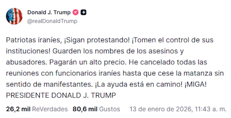El posteo de Trump arengando a los iraníes.