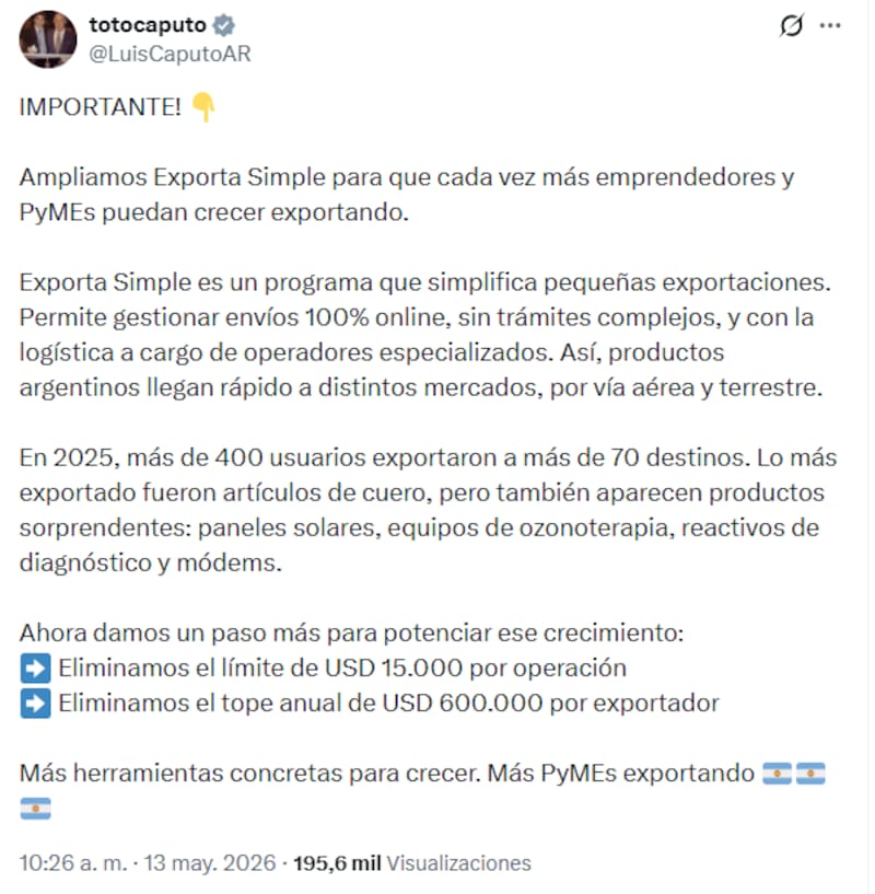 El mensaje de Caputo anunciando los cambios en Exporta Simple.