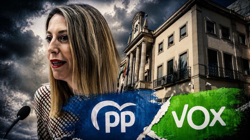 María Guardiola, en primer plano, y la sede institucional extremeña, en una composición que refleja el acuerdo entre PP y Vox para formar gobierno de coalición.
