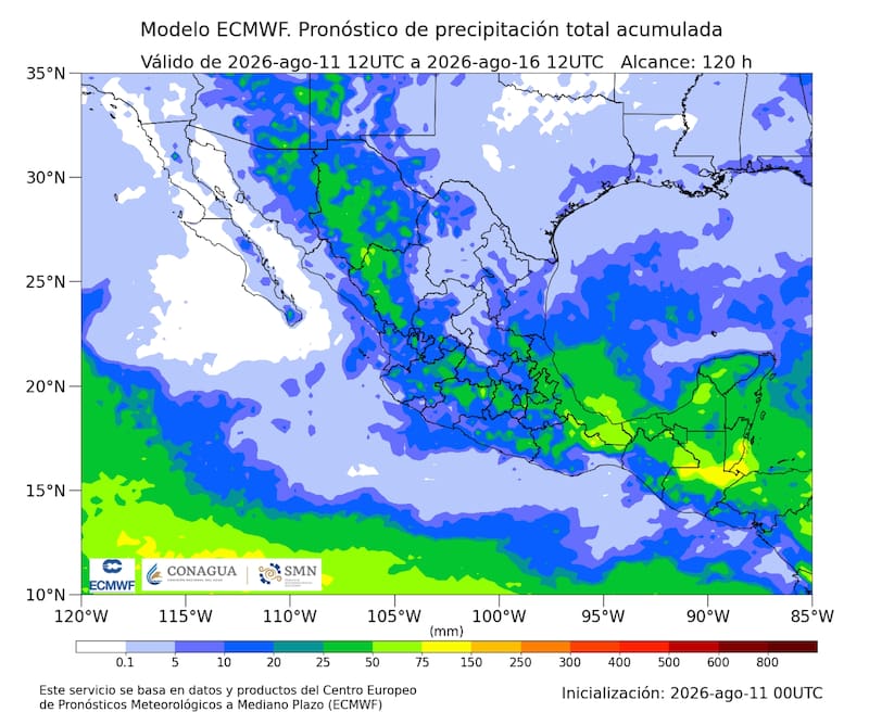 El pronóstico de precipitación total acumulada que rige hasta el 16 de agosto. (Foto: SMN de México)
