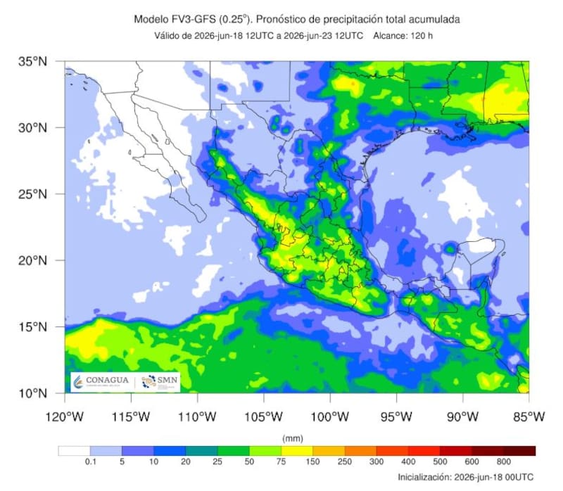 El pronóstico de precipitación total acumulada que difundió el SMN para el penúltimo fin de semana de junio. (Foto: SMN)