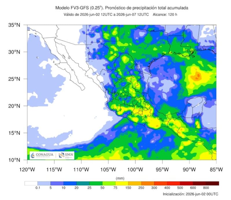 El pronóstico de precipitación total acumulada. (Foto: SMN)