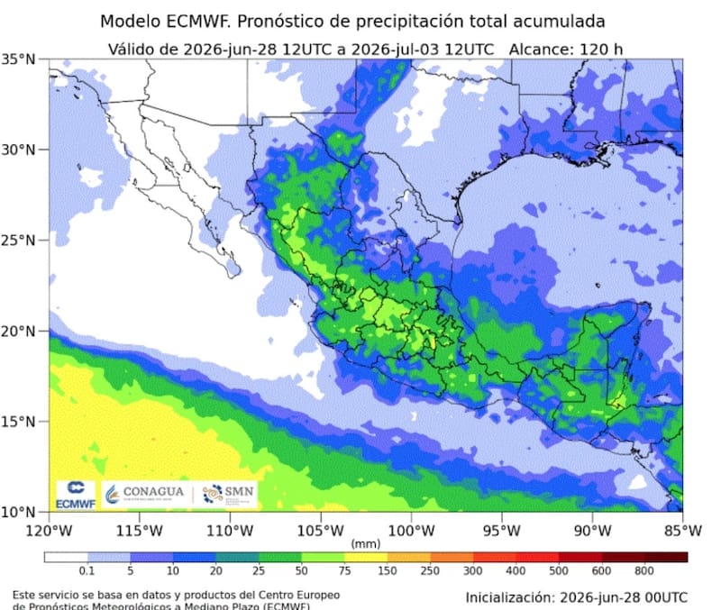 El pronóstico de precipitación total acumulada vigente hasta el 3 de julio. (Foto: Archivo)