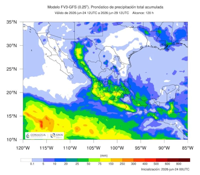 El pronóstico de precipitación total acumulada en la República mexicana que rige hasta el lunes 29 de junio. (Foto: SMN)