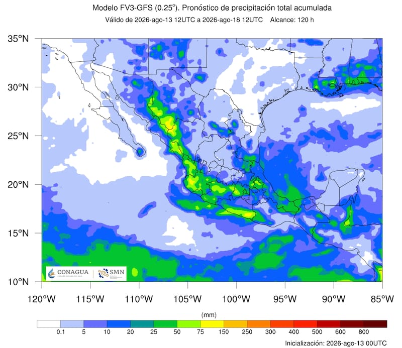 El pronóstico de precipitación total acumulada que difundió el SMN a través de sus canales oficiales de comunicación. (Fuente: SMN de México)