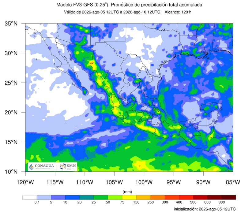 El pronóstico de precipitación total acumulada que difundió el SMN y estará vigente hasta el lunes 10 de agosto. (Foto: SMN de México)