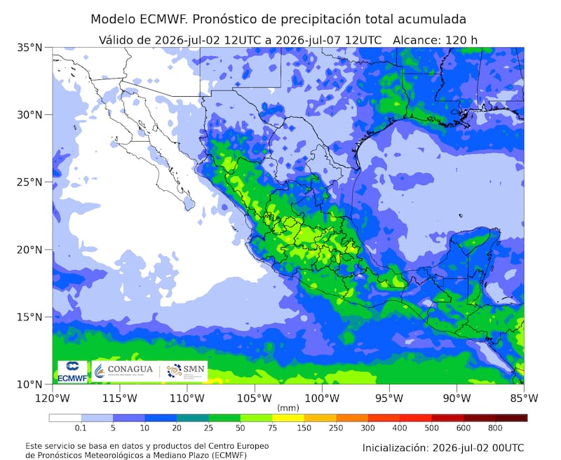 Pronóstico de precipitación total acumulada. (Foto: SMN)