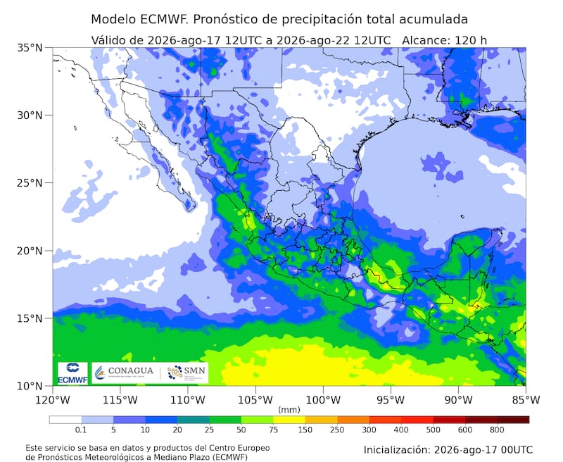 El pronóstico de precipitación total acumulada que estará vigente hasta el 22 de agosto. (Fuente: SMN de México)