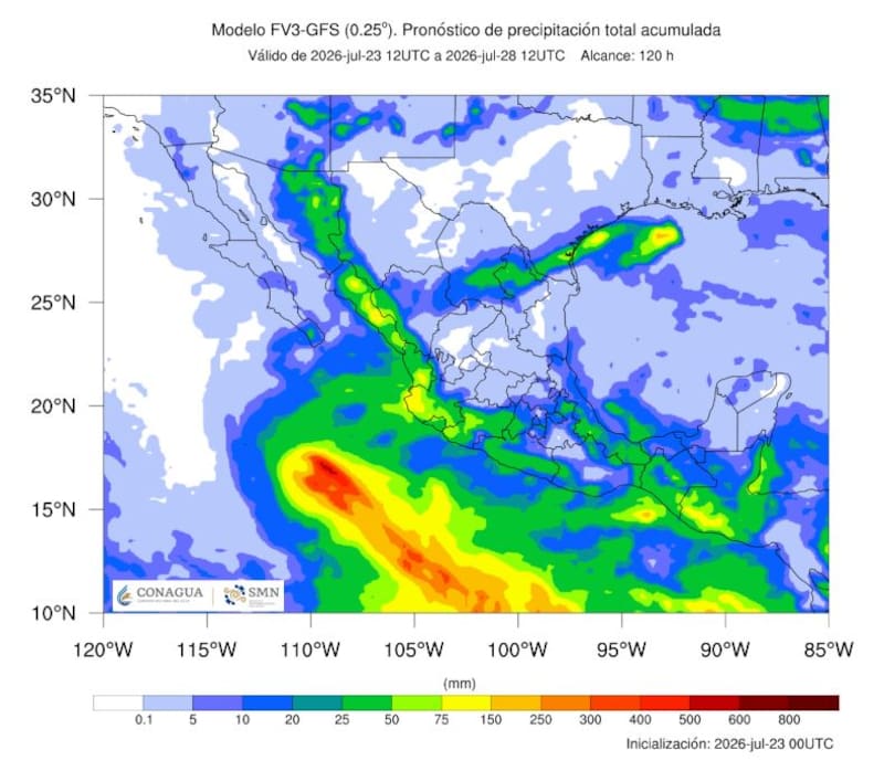 El pronóstico de precipitación total acumulada que rige en México hasta el 28 de julio. (Foto: SMN)