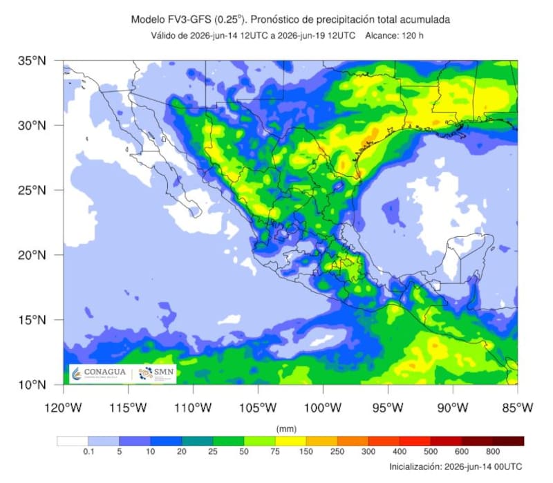 El pronóstico de precipitación total acumulada durante la tercera semana de junio. (Foto: SMN)