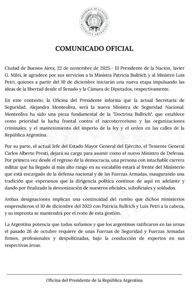 Comunicado nuevos ministros Defensa y Seguridad