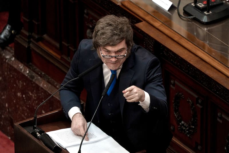 Javier Milei, Argentina's president, speaks during an opening session at the National Congress in Buenos Aires, Argentina, on Sunday, March 1, 2026. Emboldened by a string of legislative victories, Milei dedicated Argentinas annual state of the nation address to hurling insults at his opponents in a return to his boisterous persona on the campaign trail. Photographer: Anita Pouchard Serra/Bloomberg