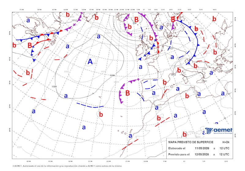 MADRID, 11/05/2026.- Mapa de isobaras facilitado por la AEMET con la previsión para el 12/05. EFE / AEMET. ***SOLO USO EDITORIAL/SOLO DISPONIBLE PARA ILUSTRAR LA NOTICIA QUE ACOMPAÑA (CRÉDITO OBLIGATORIO)***