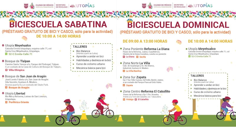 Las biciescuelas sabatinas operan de 10:00 a 14:00 horas en sedes como Utopía Meyehualco, Bosque de Tlalpan, Bosque de Aragón y Utopía Libertad, entre otros espacios públicos de la ciudad.
